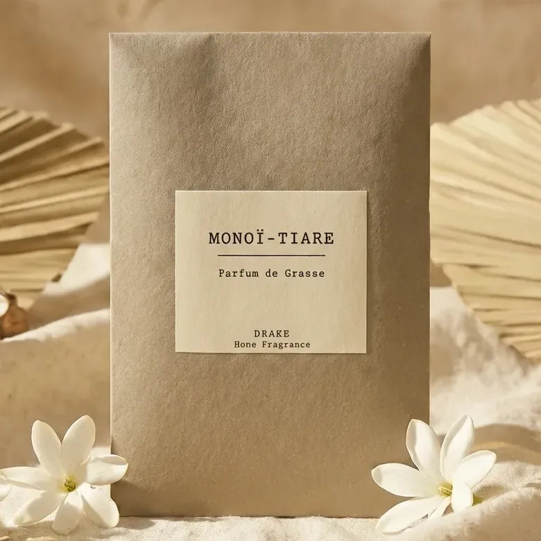 Sachet parfumé Monoï Tiaré DRAKE avec fleurs blanches sur lin naturel, fragrance Grasse luxe