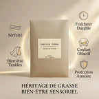 Sachet Parfumé Vanille Tonka Grasse avec icônes bien-être et fraîcheur durable