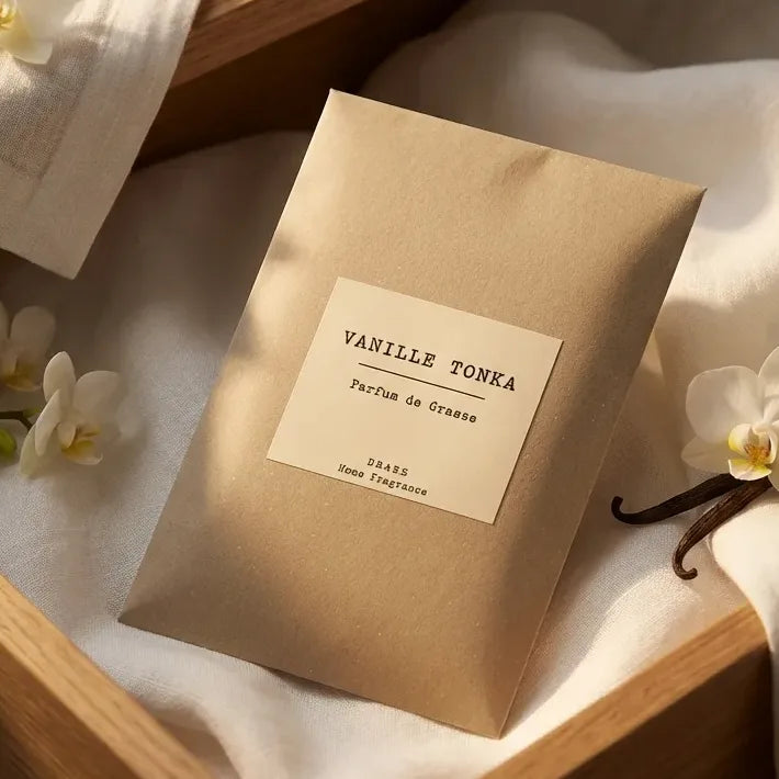 Sachet parfumé Vanille Tonka premium Grasse dans tiroir en bois avec linges blancs