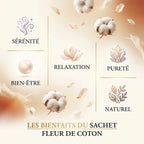 Sachet senteur fleur de coton avec 5 bénéfices : sérénité, bien-être, relaxation, pureté, naturel de Grasse