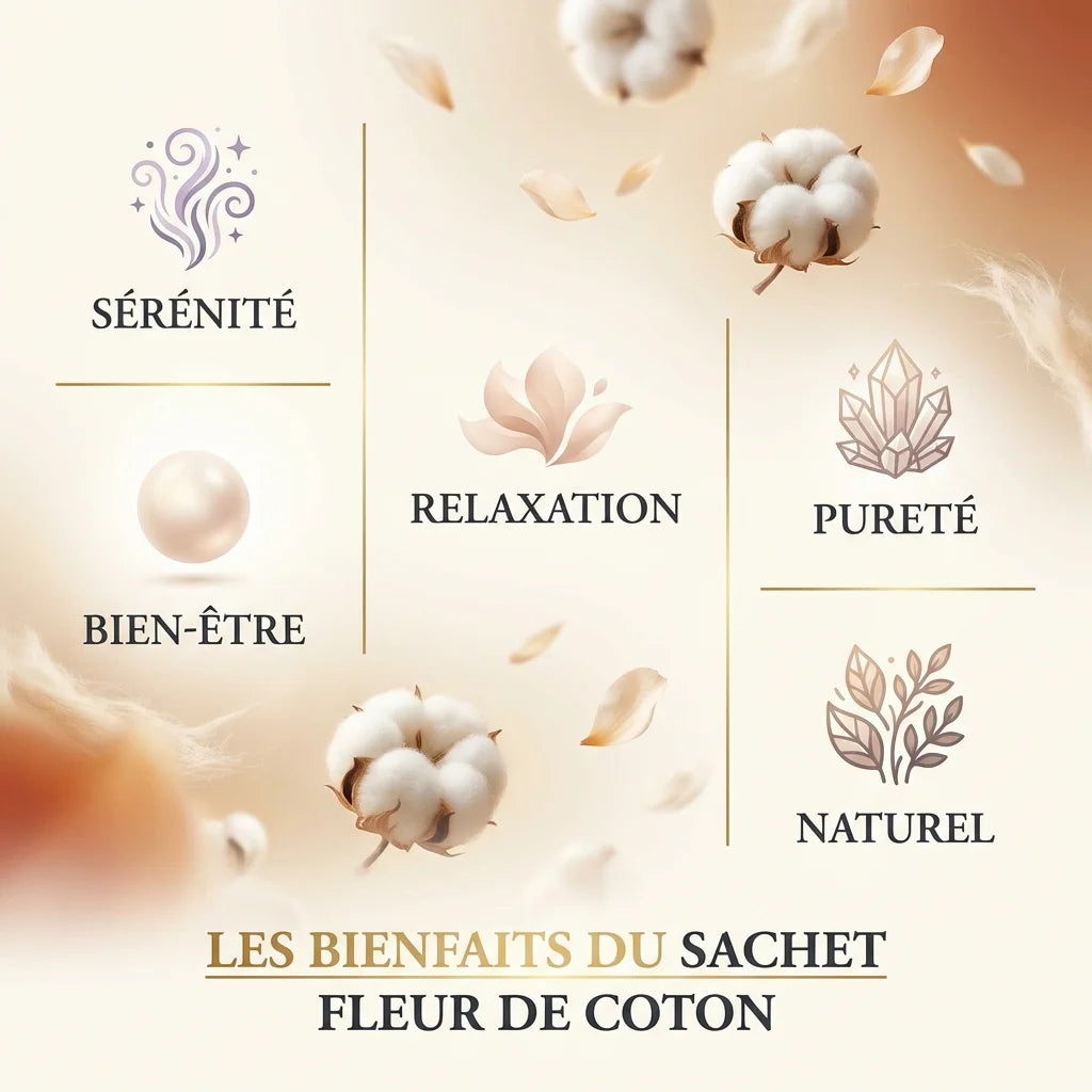 Sachet senteur fleur de coton avec 5 bénéfices : sérénité, bien-être, relaxation, pureté, naturel de Grasse