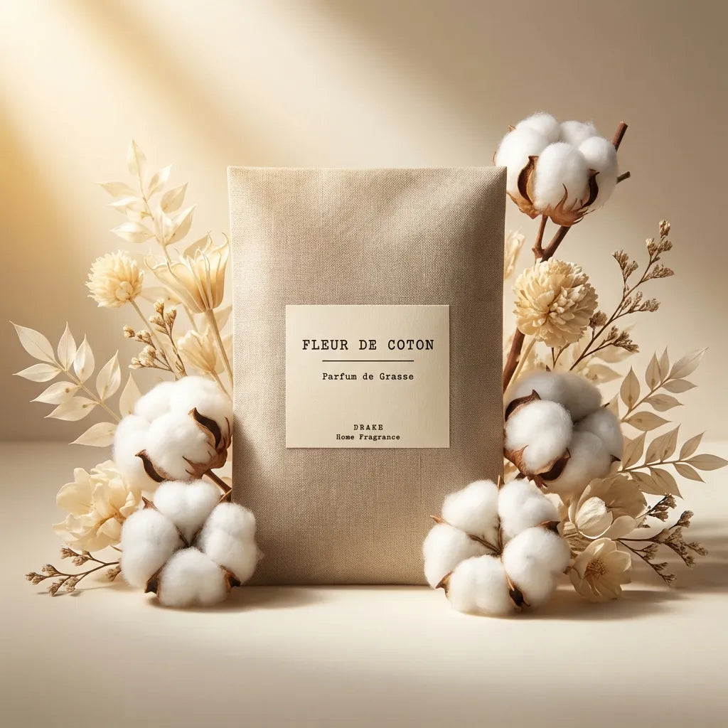 Sachet senteur Fleur de Coton parfum naturel Grasse entouré fleurs coton séchées