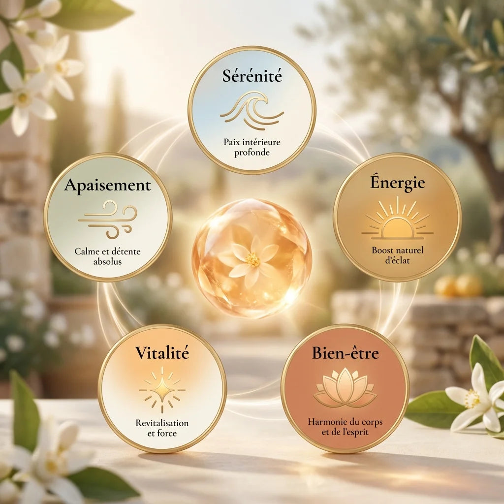 Infographie luxe des bienfaits du sachet senteur fleur d'oranger : sérénité, énergie, bien-être, vitalité, apaisement