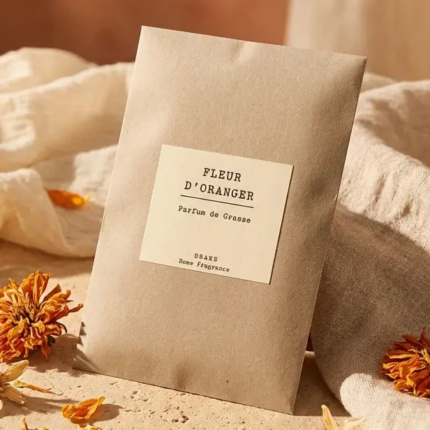 Sachet Senteur Fleur d'Oranger de Grasse entouré de fleurs séchées et linges délicats