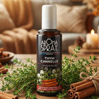 Spray ambiance bio thym cannelle 100ml avec thym frais et bâtons de cannelle sur bois