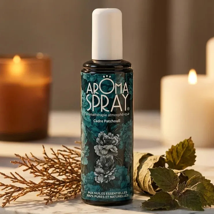 Spray Ambiance Cèdre Patchouli 100ml Bio sur marbre avec branches de cèdre et feuilles de patchouli