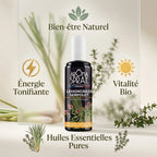 Spray ambiance lemongrass serpolet 100ml bio tonifiant avec infographie bien-être naturel