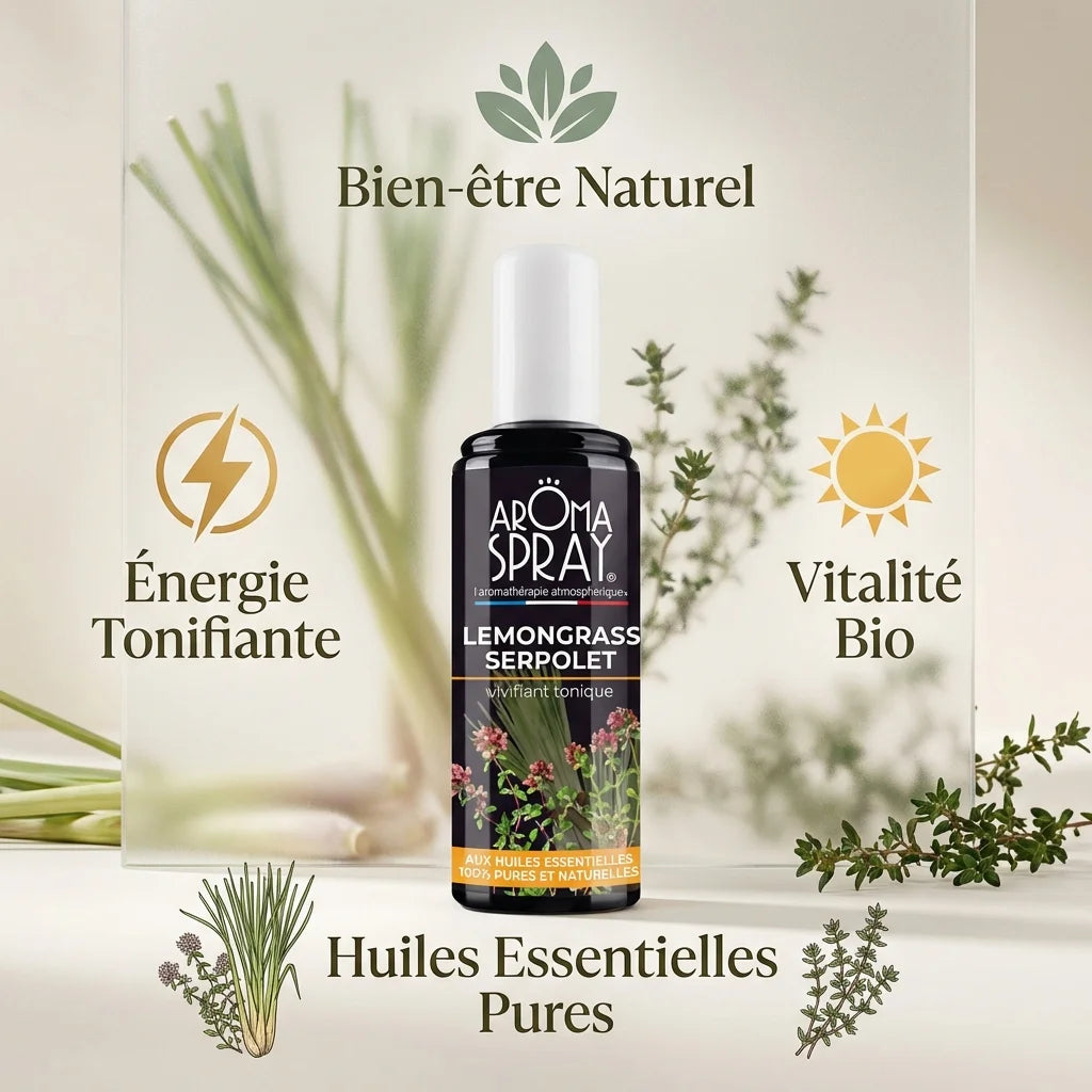 Spray ambiance lemongrass serpolet 100ml bio tonifiant avec infographie bien-être naturel