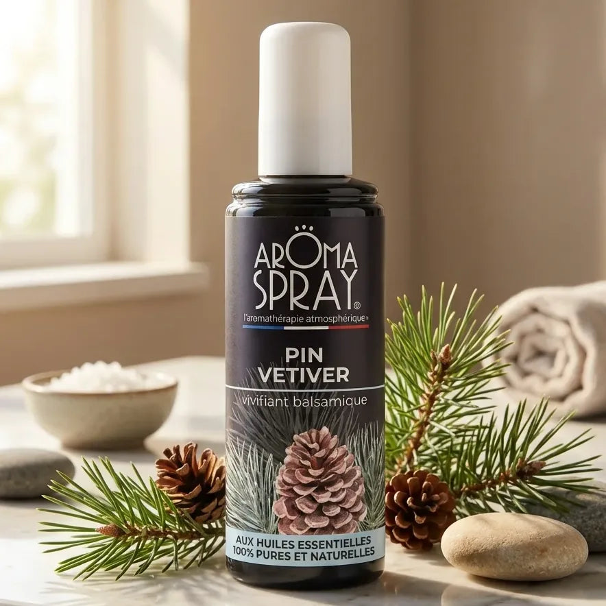 Spray ambiance Pin Vétiver 100ml avec branches de sapin, pierres et design minimaliste bien-être