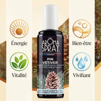 Spray Ambiance Pin Vétiver 100ml avec icônes bénéfices: Énergie, Vitalité, Bien-être, Vivifiant