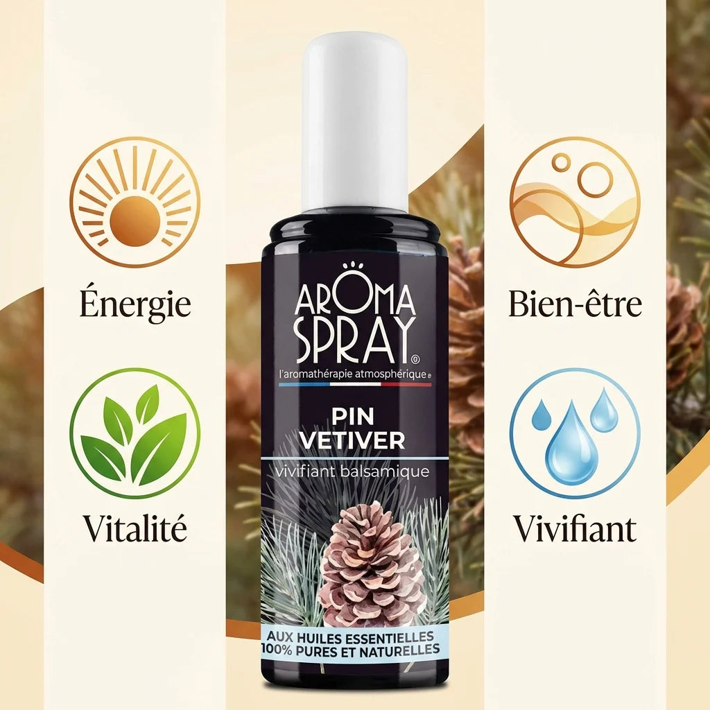 Spray Ambiance Pin Vétiver 100ml avec icônes bénéfices: Énergie, Vitalité, Bien-être, Vivifiant