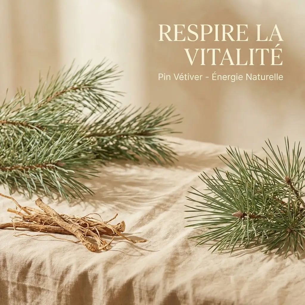 Spray ambiance pin vétiver naturel avec branches de sapin et racines de vétiver sur lin beige
