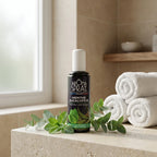 Spray ambiant eucalyptus menthe 100ml dans salle de bain spa avec feuilles fraîches et serviettes blanches