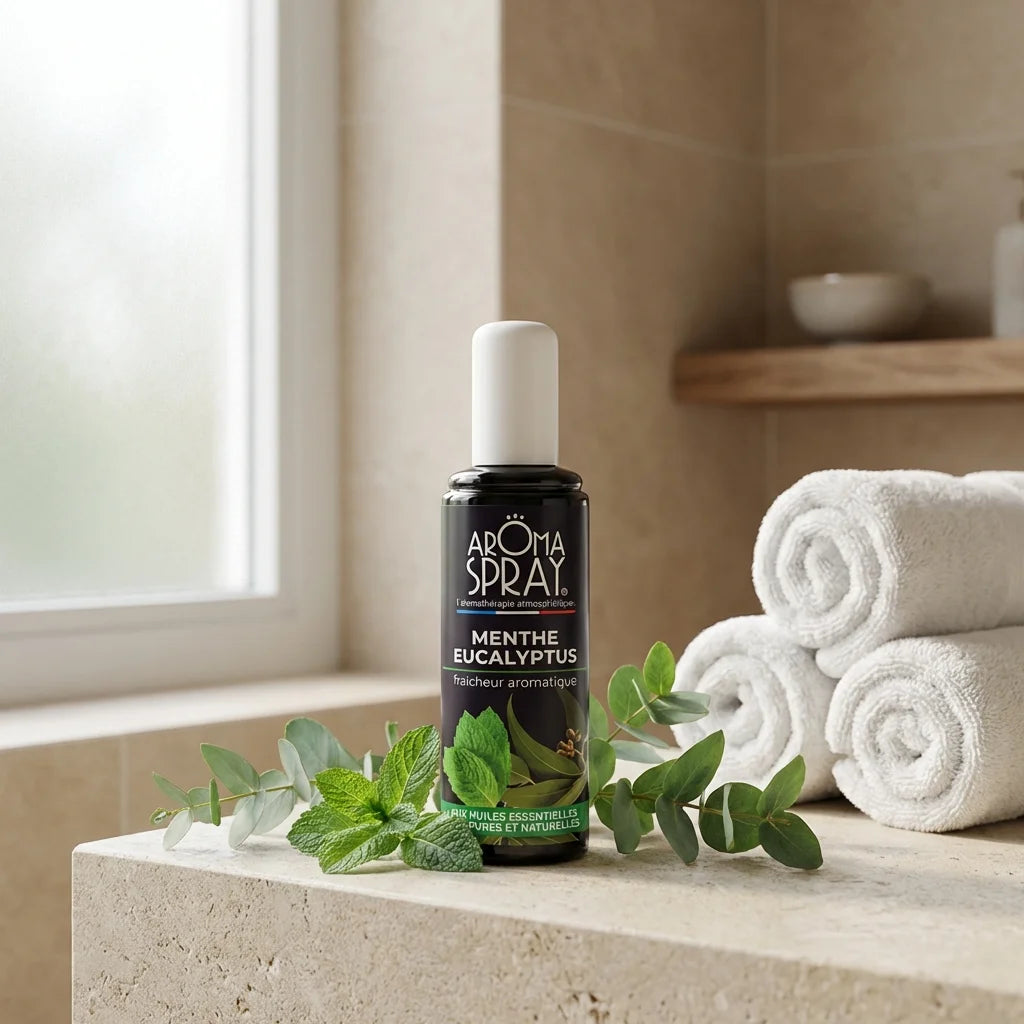 Spray ambiant eucalyptus menthe 100ml dans salle de bain spa avec feuilles fraîches et serviettes blanches