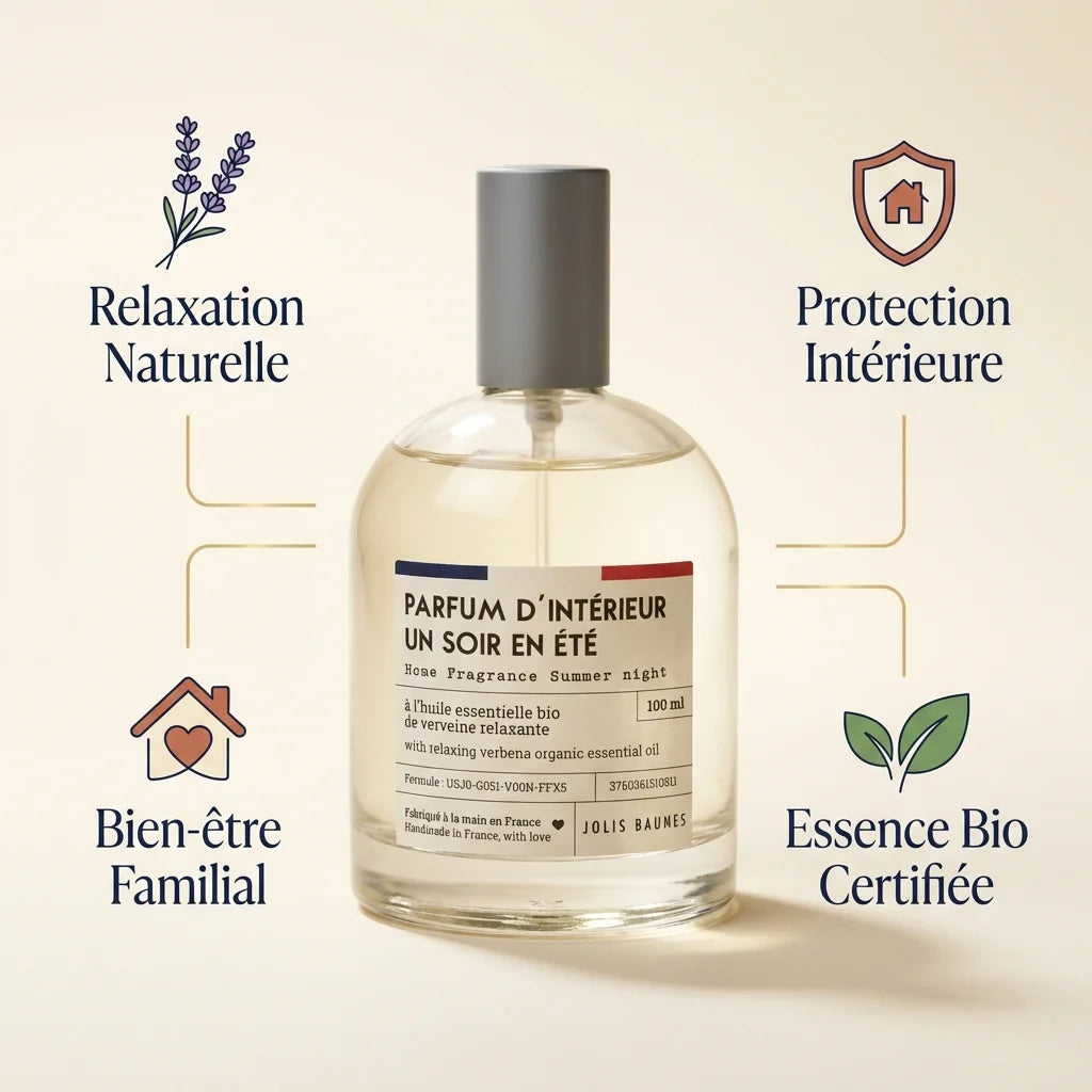 Spray anti-moustiques naturel intérieur Made in France avec bénéfices : relaxation, protection, bien-être familial et certification bio