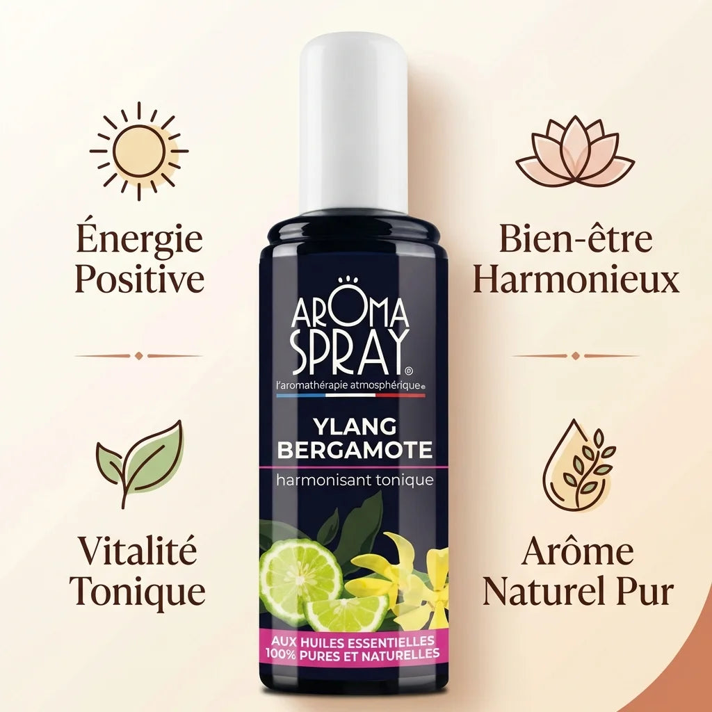 Spray Bergamote Ylang-Ylang 100ml avec ses 4 bénéfices : énergie positive, bien-être harmonieux, vitalité tonique