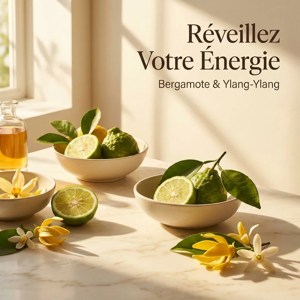 Spray Bergamote Ylang-Ylang 100ml avec fruits et fleurs sur marbre, ambiance énergisante