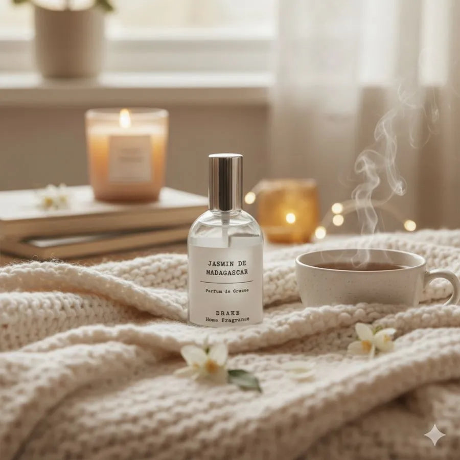 Un spray d'ambiance jasmin de madagascar de la marque Drake dans une ambiance cocooning