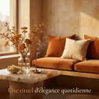 Spray d'ambiance Ambre Drake - Scène lifestyle luxe avec textures dorées et fleurs séchées