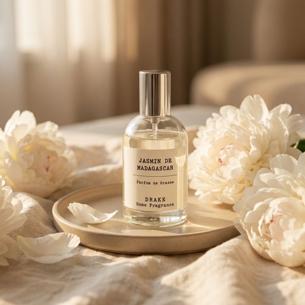 Spray d'ambiance Jasmin Drake 100ml sur céramique beige avec fleurs blanches et lin