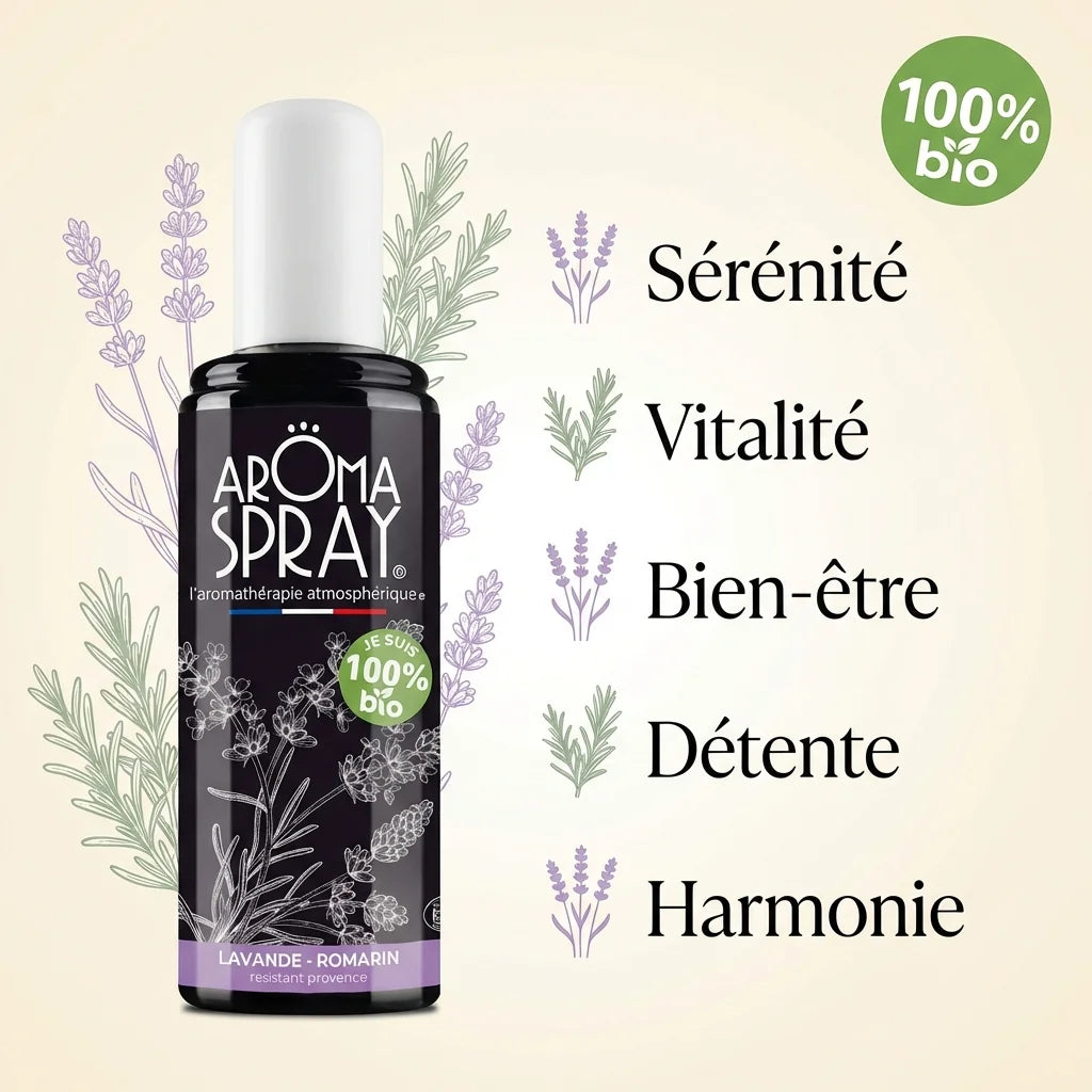 Spray aromathérapie Lavande Romarin Bio 100ml avec bénéfices bien-être et certification bio