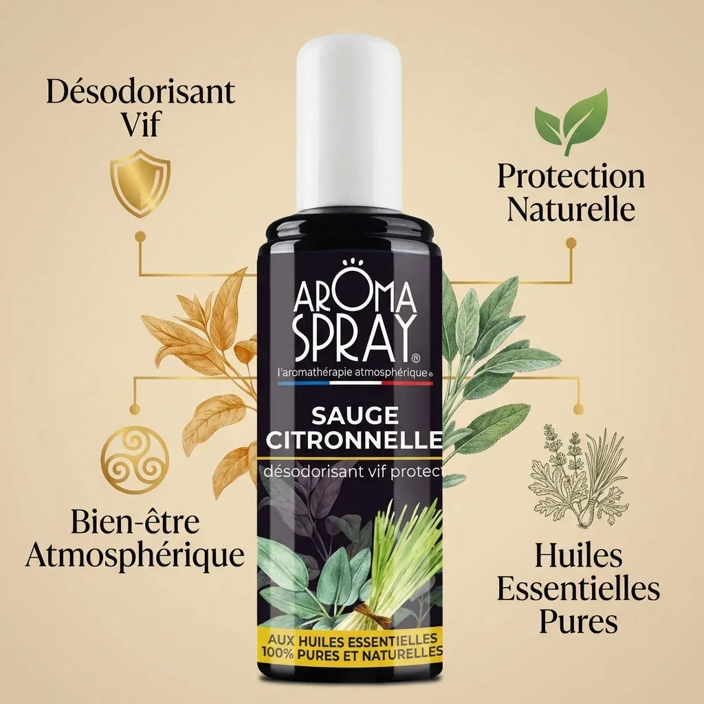 Spray Désodorisant Sauge Citronnelle 100ml Vif'Protect avec infographie bénéfices naturels
