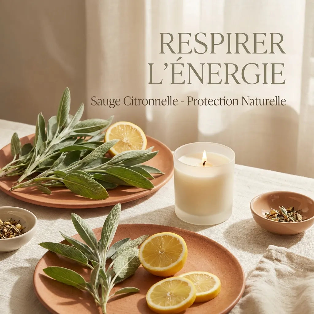 Spray désodorisant Sauge Citronnelle Vif'Protect avec herbes fraîches et citron sur fond terracotta