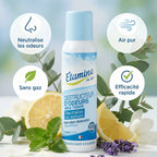 Spray destructeur d'odeurs Etamine du Lys 125ml avec infographie bénéfices et éléments naturels