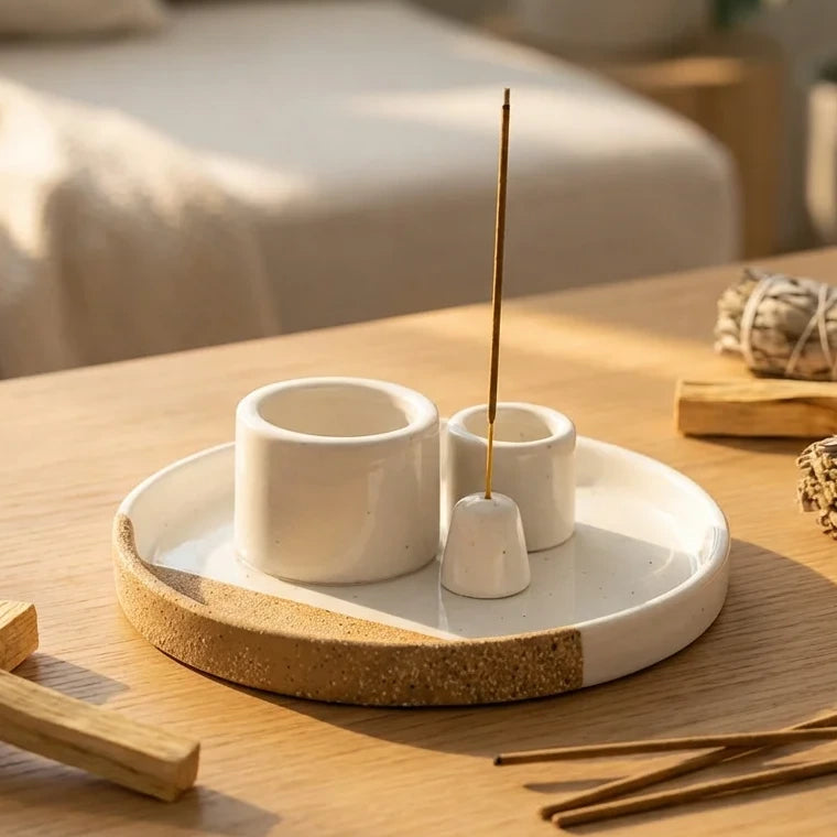 Support céramique blanc multifonction avec compartiments pour palo santo, sauge et encens sur table bois