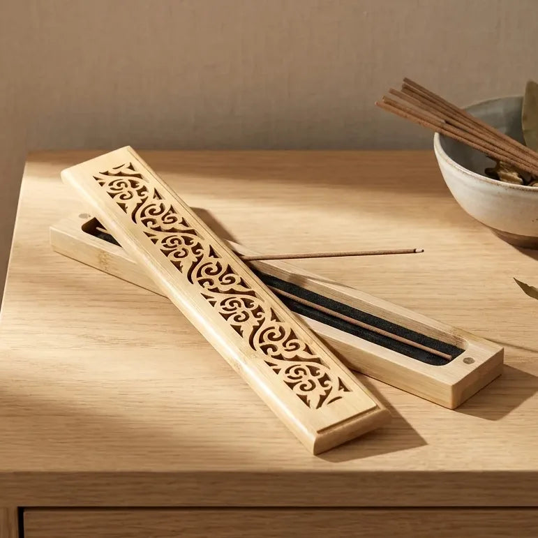 Support encens bois sculpté 23,5cm design artisanal avec motifs ornementaux