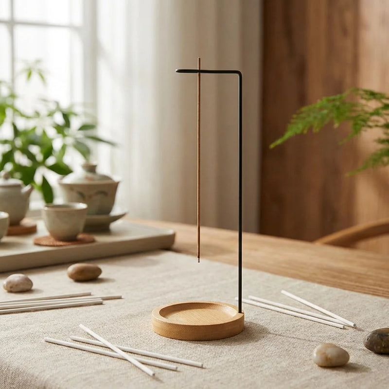 Support flottant pour encens en bois clair avec tige métal noire, design minimaliste zen